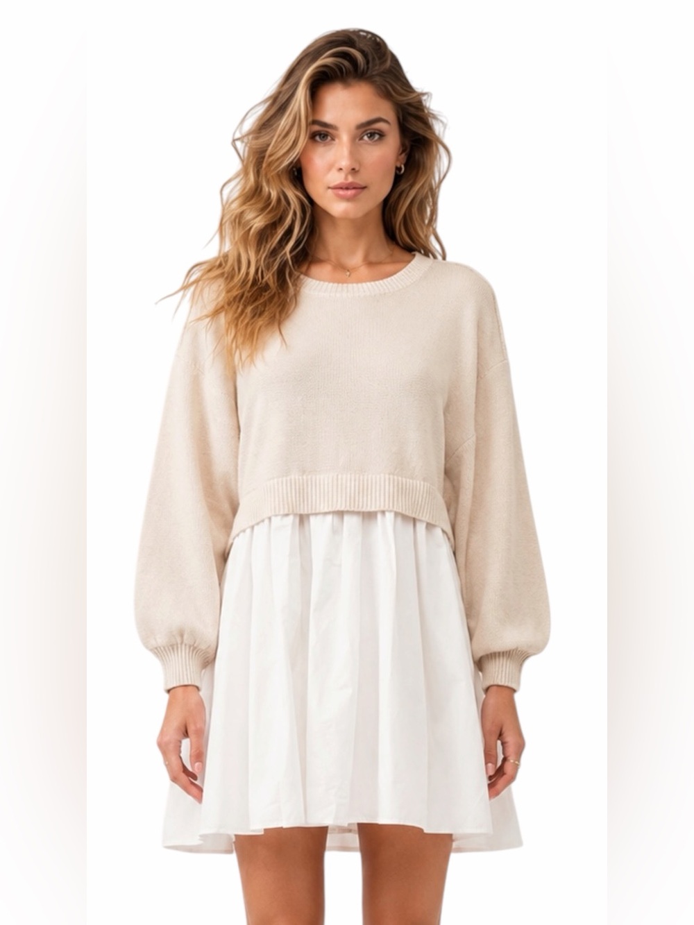 Zoco – Dress – Wells Sweater Dress Mixed Media Knit – Cream White – Sz. S